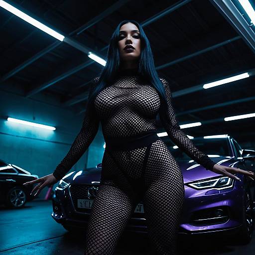 Woman in Sheer Fishnet Dress in Dimly Lit Garage