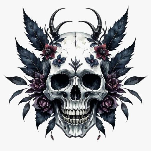 Watercolor Fantasy Skull with Dark Flowers and Leaves