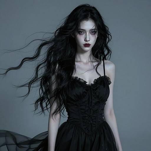 Photographic portrait of a pale, ethereal woman with long, wild black hair, wearing a black, ruffled dress, against a blue-gray background