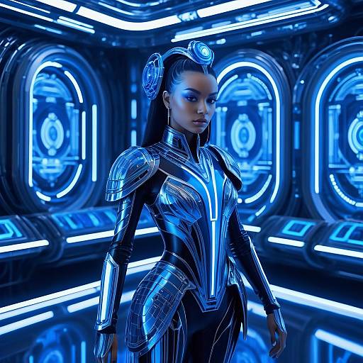 Futuristic Female Robot in Metallic Blue Armor