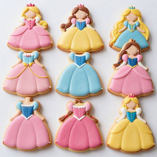 Photograph of nine colorful, sugar-coated princess-shaped cookies, each with different pastel dresses (pink, blue, yellow), headbands, and