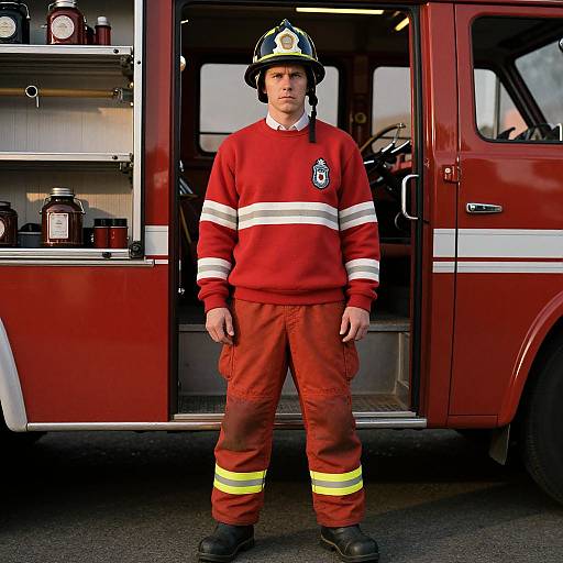 Photograph of a young male firefighter standing in front of an open red fire truck door, wearing red uniform with white stripes and helmet.