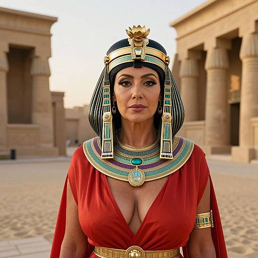 Photorealistic image of an Egyptian queen with black hair, red dress, gold headdress, and necklace, standing in a sunlit ancient temple courtyard