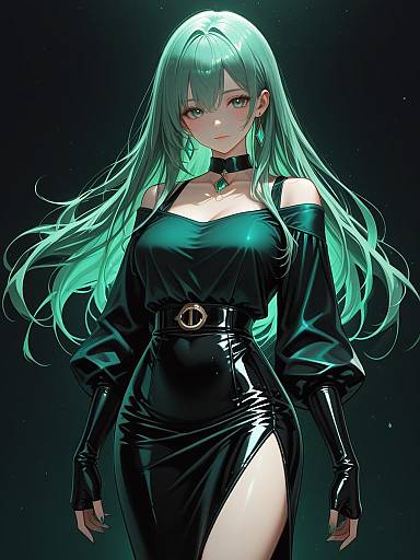 Elegant Woman in Emerald Green Leather Outfit