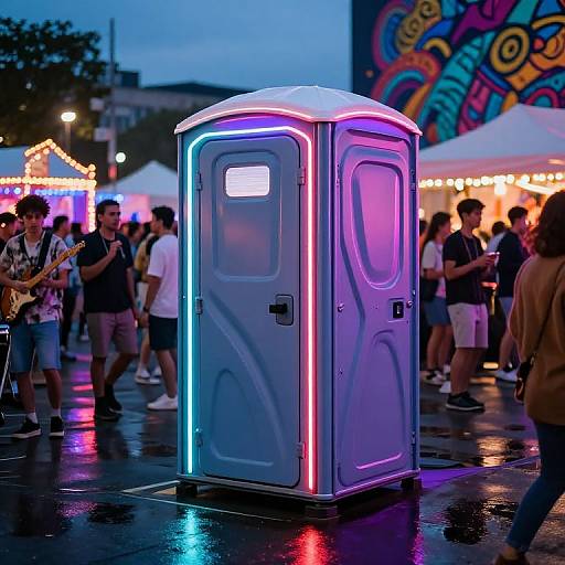 Photograph of a neon-lit public restroom booth at a nighttime outdoor festival, surrounded by colorful string lights and a crowd of casually dressed people.