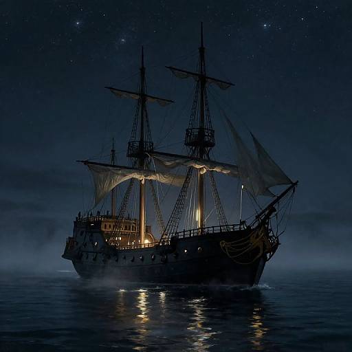 Photograph of a silhouetted, illuminated, vintage sailing ship at night, with starry sky, misty water, and glowing reflections on