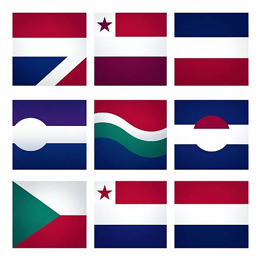 Photograph of twelve rectangular flags featuring various national designs, including stars, stripes, and unique color patterns, arranged in a grid.