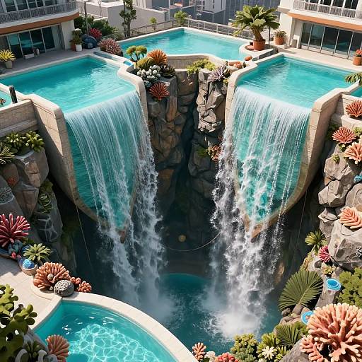 Photograph of a tropical resort featuring two cascading waterfalls into turquoise pools, surrounded by lush greenery, colorful succulents, and modern buildings