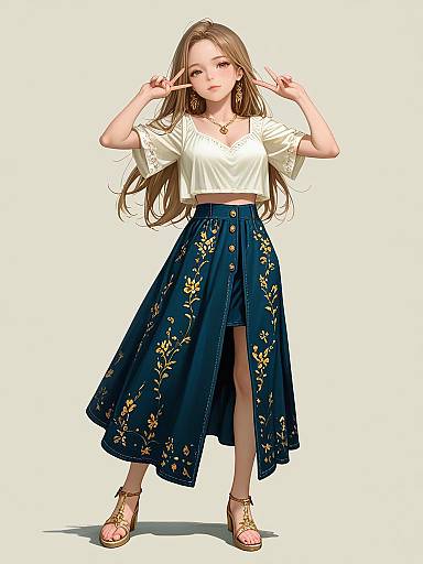 Digital anime-style drawing of a young woman with long brown hair, wearing a white crop top, blue floral skirt, and gold sandals, making a peace