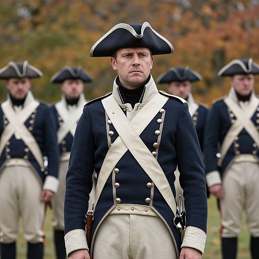 Photograph of four stern-faced men in 18th-century Revolutionary War uniforms, standing in a fall-colored forest, with a central figure in focus.