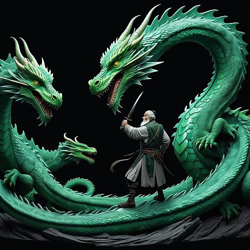 Wise Old Man with Two Green Dragons