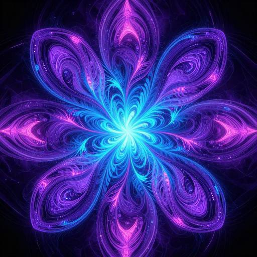 Digital artwork of a vibrant, symmetrical, glowing flower-like pattern in neon blue and purple hues, with intricate, swirling lines against a dark background.