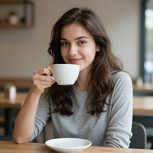 Photograph of a smiling young woman with long dark hair, wearing a gray sweater, holding a white coffee cup, sitting at a wooden table in a