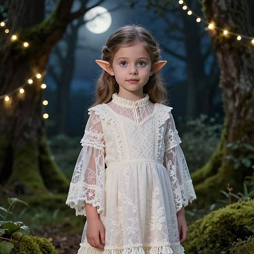 Photograph of a young girl with elf ears, wearing a white lace dress, standing in a moonlit forest adorned with fairy lights.