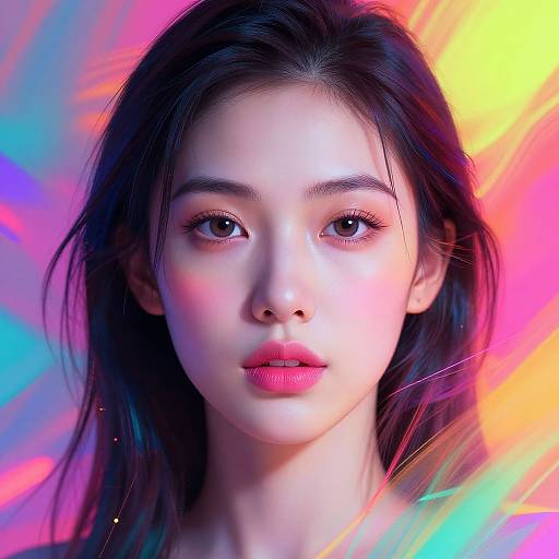 Digital portrait of an Asian woman with flawless skin, dark hair, and pink lips, set against a vibrant, rainbow-colored abstract background.