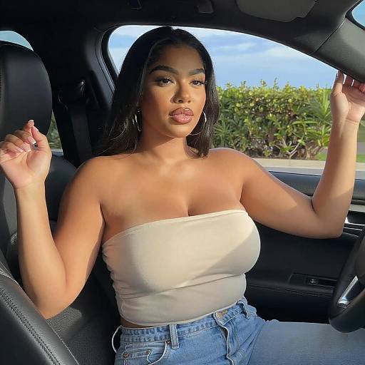 Curvy Woman in Sunlit Car