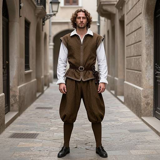 Photograph of a bearded man with curly hair, wearing a white shirt, brown sleeveless vest, and puffed pants, standing on a narrow