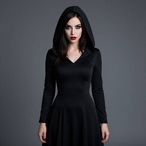 Photograph of a pale-skinned woman with dark brown hair, red lipstick, and black, long-sleeve, V-neck dress with hood,