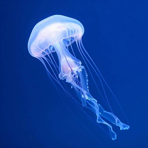 Photograph of a glowing, translucent blue jellyfish with long, flowing tentacles against a deep blue underwater background.