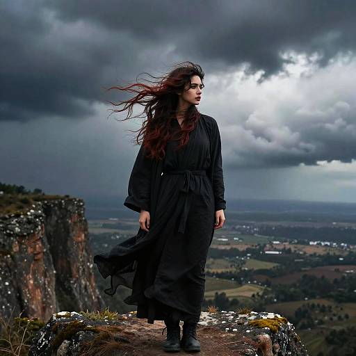 Photograph of a young woman with long, wind-swept red hair, wearing a black dress and boots, standing on a rocky cliff under a