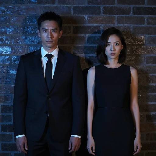 Photograph of an Asian man in a black suit and tie, and an Asian woman in a black dress, standing against a dimly lit, blue