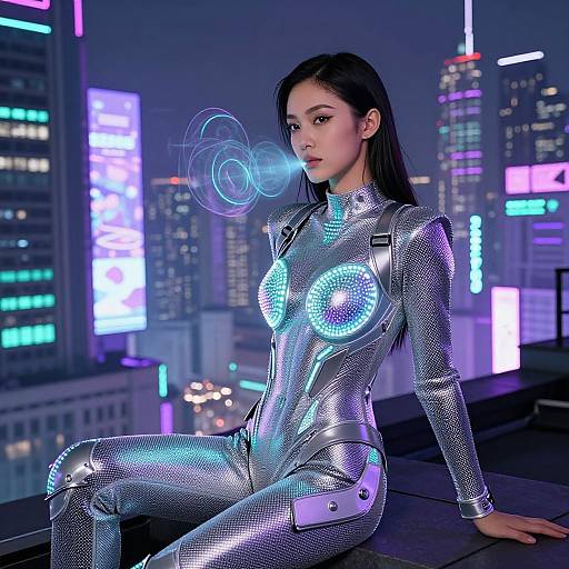 CGI image of an Asian woman in a metallic silver bodysuit with glowing blue circular patterns, sitting on a rooftop in a neon-lit futuristic
