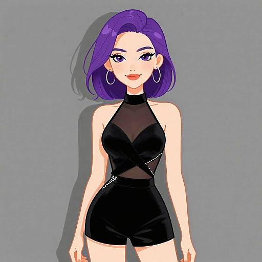 Digital anime-style drawing of a woman with purple hair, wearing a black halter-neck romper, hoop earrings, and a confident smile against a gray