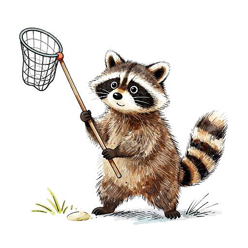 Whimsical Raccoon with Fishing Net