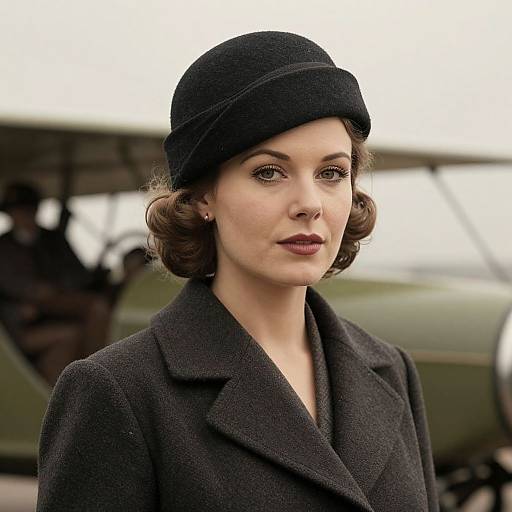 Photograph of a fair-skinned woman with wavy brown hair, wearing a black beret and dark wool coat, standing in front of a blurred