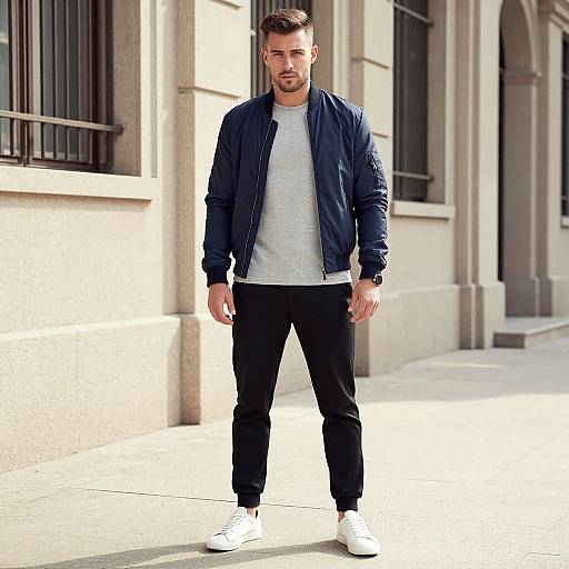 Photograph of a handsome, bearded man with short brown hair, wearing a navy bomber jacket, white tee, black pants, and white sneakers,