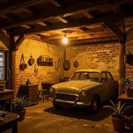 Cozy Vintage Garage with Classic Car