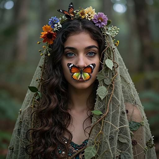 Photograph of a fair-skinned woman with blue eyes, long curly brown hair, wearing a floral crown, sheer green veil, and butterfly makeup,