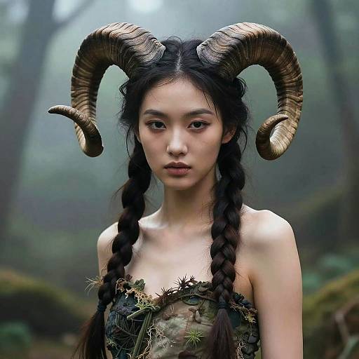 Photorealistic digital artwork of an Asian woman with black braids, large curled ram horns, and a leafy, strapless forest dress in a