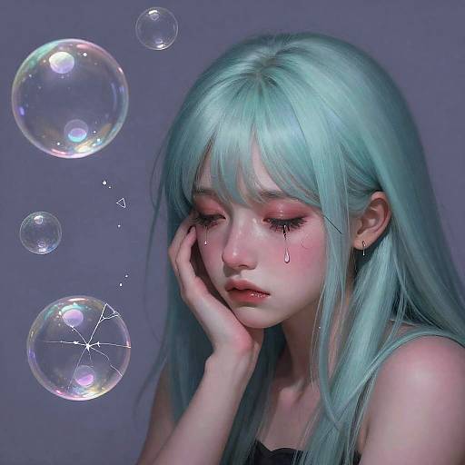 Emotional Portrait with Mint Hair and Soap Bubbles