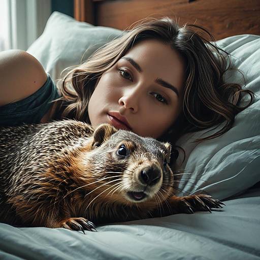 Young Woman with Groundhog on Bed