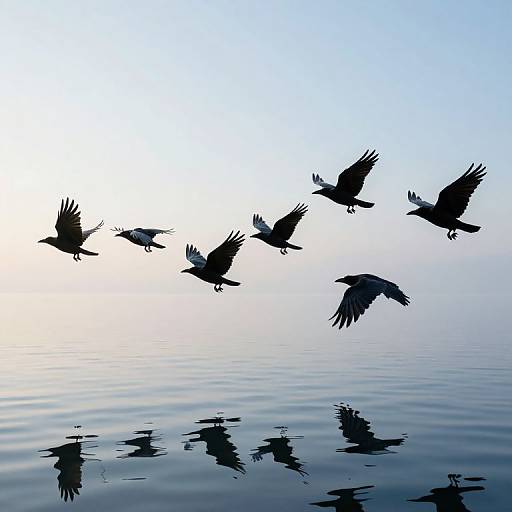 Silhouette photograph of seven birds in flight, reflected in calm water, against a gradient blue to white sky.