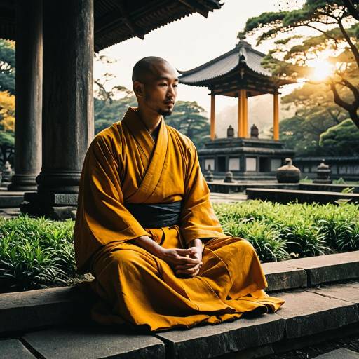 Serene Monk at Sunrise in Manga Style