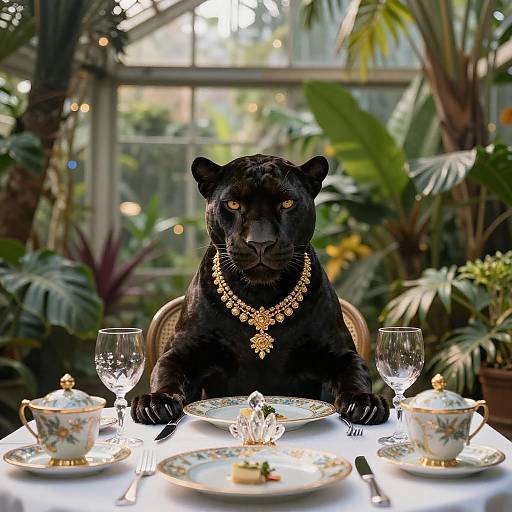 Black Panther Wearing Golden Jewelry at Elegant Dining Table