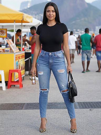 Photograph of a confident woman with long black hair, wearing a black t-shirt, ripped blue jeans, and leopard print heels, standing in a bustling