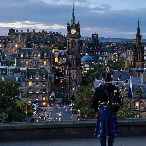 Photograph of a man in traditional Scottish attire, back facing, overlooking Edinburgh's historic skyline at dusk, with the clock tower prominent. Blue twilight sky