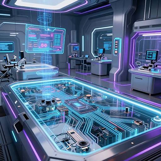 High-tech laboratory with glowing neon blue and purple circuits on a rectangular illuminated table, surrounded by futuristic control panels and screens.