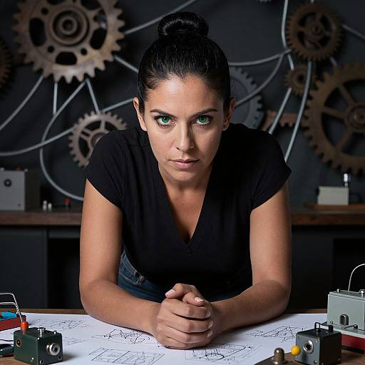 Photograph of focused woman with black hair in bun, green eyes, black top, leaning over blueprint, surrounded by gears and electronics.
