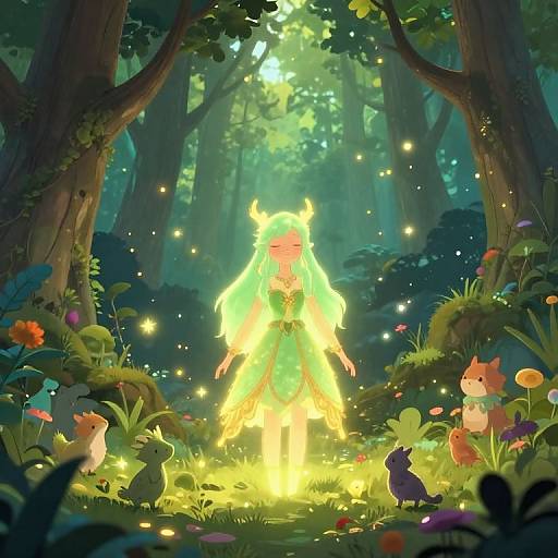 Digitally illustrated forest scene with glowing, horned, fairy-like figure at center, surrounded by whimsical animals, fireflies, and vibrant flowers.