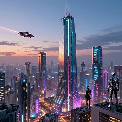 Digital artwork of futuristic cityscape at dusk, featuring neon-lit skyscrapers, two armored figures on rooftop, and flying saucer with laser.