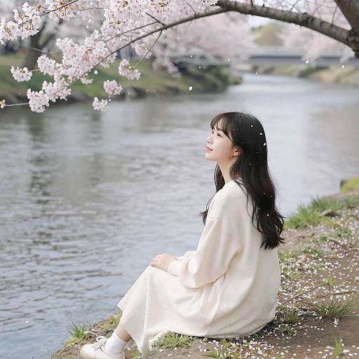 Photograph of a young Asian woman with long black hair, wearing a white dress and white shoes, sitting by a serene river, surrounded by blooming