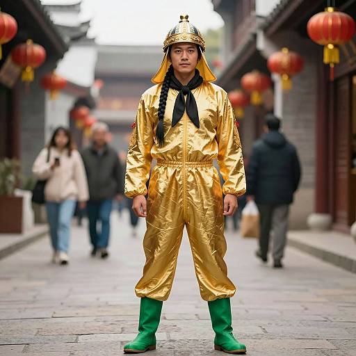 Man in Golden Jumpsuit and Ornate Helmet on Traditional Asian Street