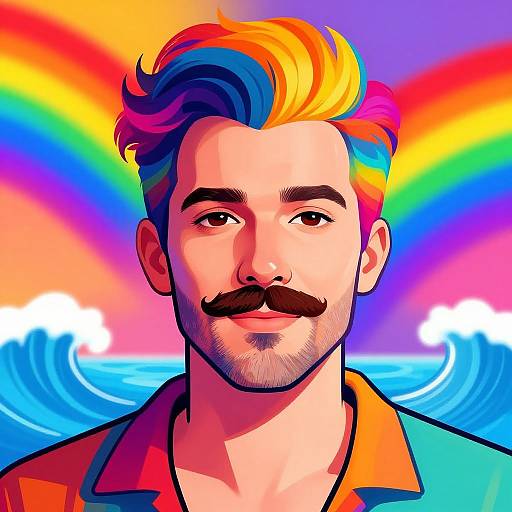 Digital drawing of a bearded man with colorful rainbow hair, mustache, orange shirt, and vibrant rainbow and wave background.