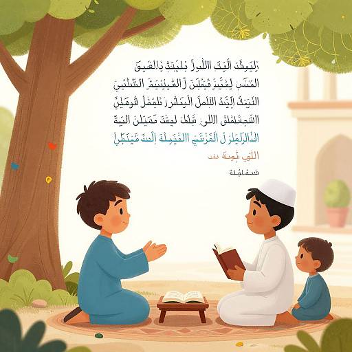 Digital illustration of two men and a child reading Arabic text under a tree, seated on the ground with a wooden stool. One man wears white, the