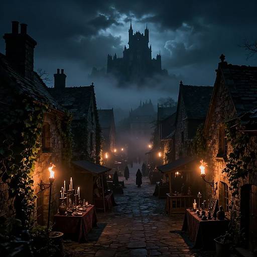 Photograph of a dark, misty medieval street market at night, illuminated by warm street lamps, with a gothic castle silhouette in the foggy