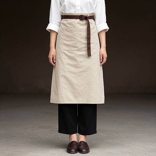 Photograph of a person in a white long-sleeve shirt, beige apron with brown belt, black pants, and black loafers, standing